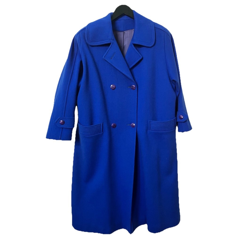 Vintage Cobalt Blue Wool Trench Coat Womens Double Breasted Long Prep Academia